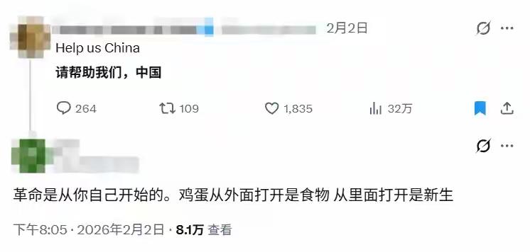 面对一位美国网友发出的呼喊，
理智而又冷静的中国网友这样回复：革命是从你自己开始
