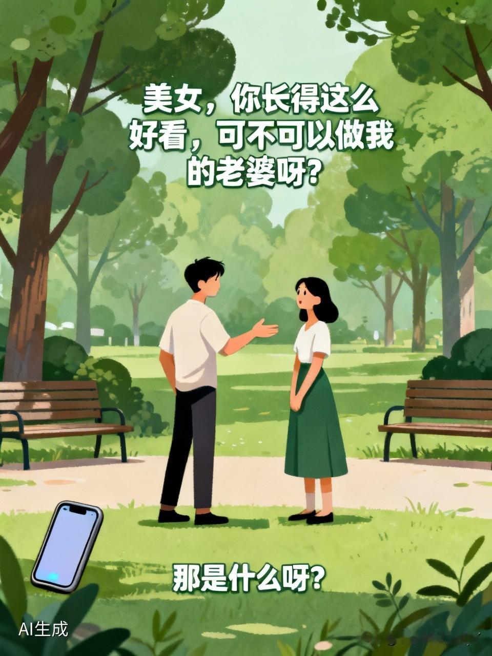 有一个女子在公园正玩手机拍照呢，这时来了一个男子，走到她跟前说，美女，你长得这么