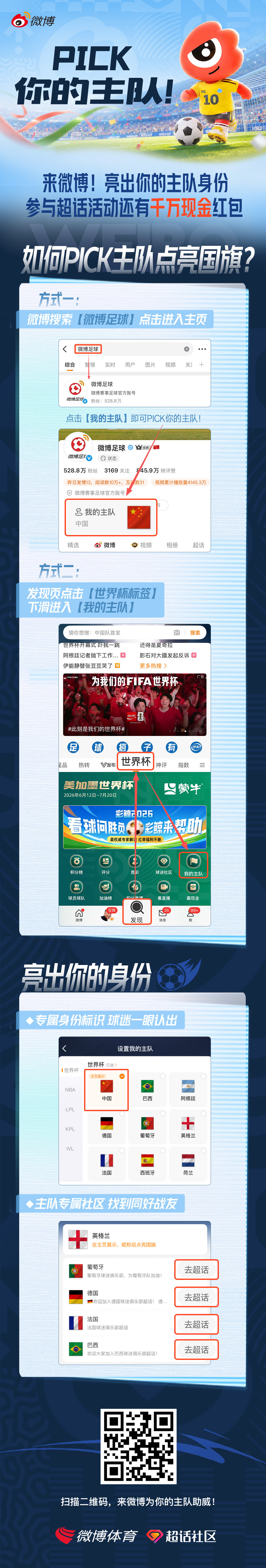【世界杯 亮出你的主队身份！】上微博 PICK 主队，就能拥有专属国旗小尾巴评论