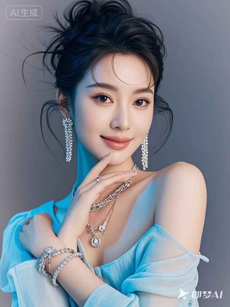 一位年轻漂亮的美女，身穿时尚棉麻雪纺衫，戴着耳环、项链和精质手链，有着精致妆容和