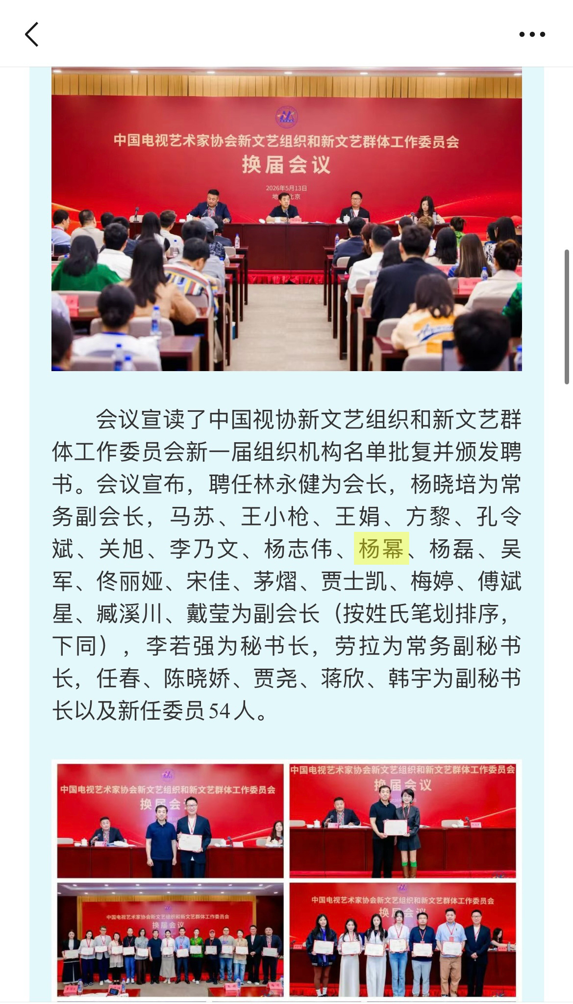 中国电视艺术家协会新文艺组织和新文艺群体工作委员会换届，恭喜杨幂当选副会长