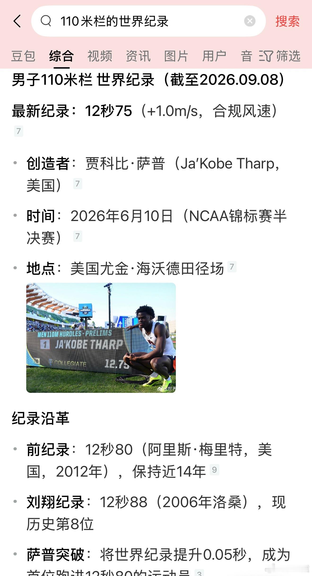不搜不知道，原来刘翔当年的12秒88现在已经排到世界第八去了。最新世界纪录是12