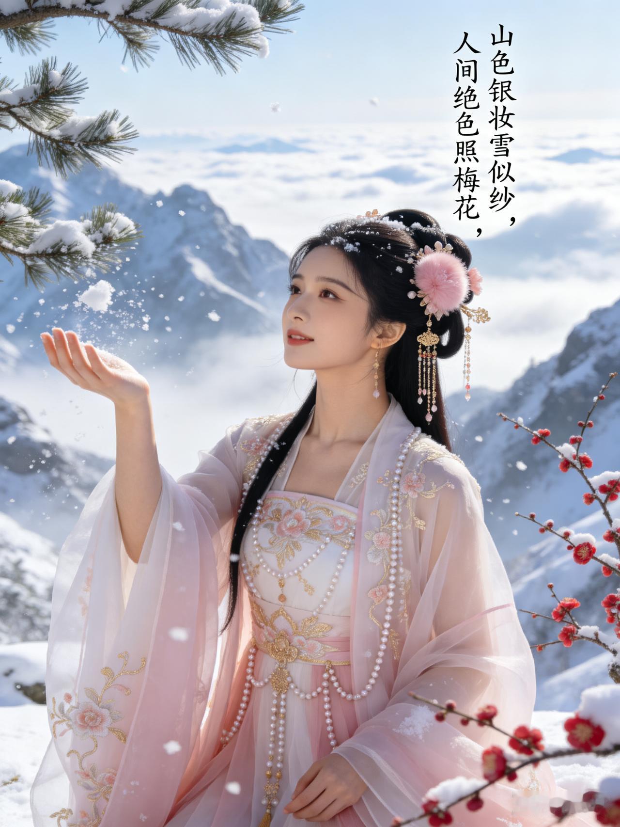 寒枝凝雪绽梅香，
锦缎裁云缀浅芳。
一笑嫣然风自软，
芳华静立傲清霜。