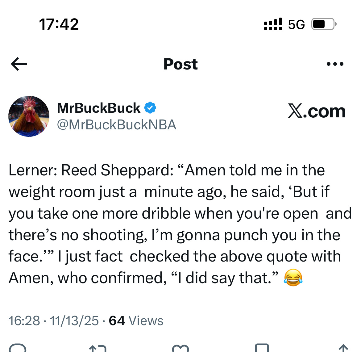 据记者报道，火箭球员里德·谢泼德说：“阿门在健身房跟我说，‘如果你空位的时候再多