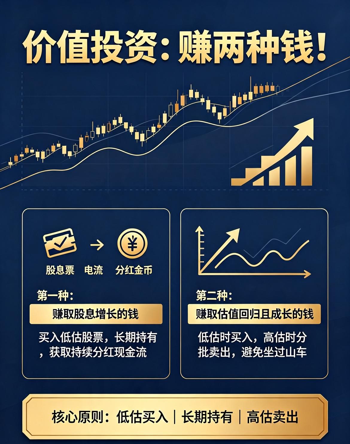 价值投资：赚两种钱！💰
[呲牙]第一种，赚取股息增长的钱，也就是赚现金流。即买
