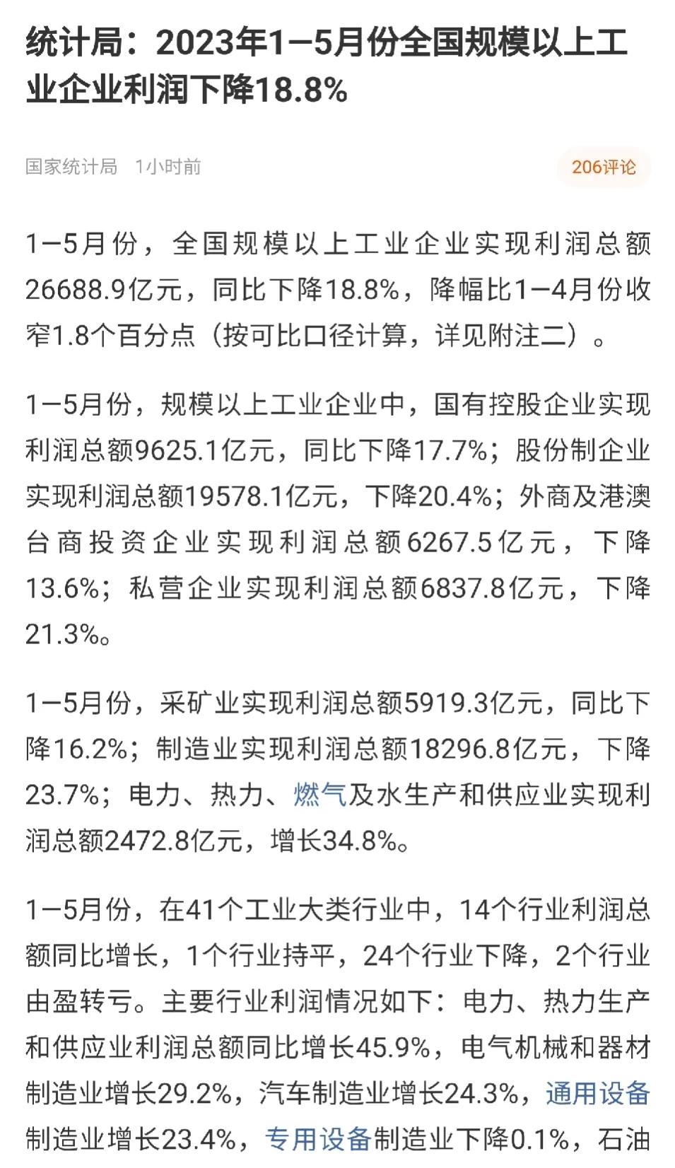 2023年1~5月份，规模以上工业利润咋下降这么多呢？这是什么原因？
