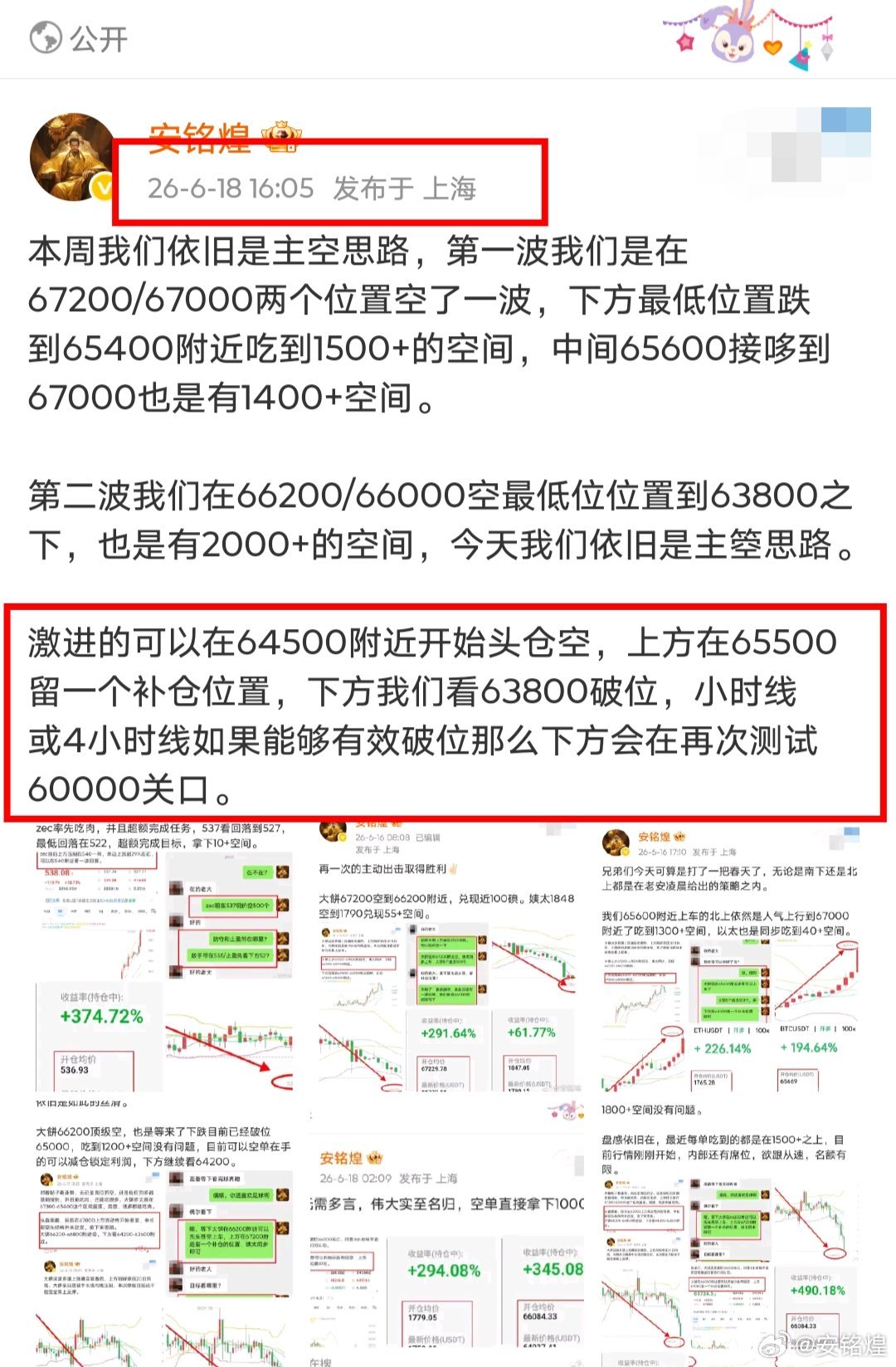 今天大概率是震荡行情了，但是我们在64500通知大家空的，时间点刚好卡上了，跟上