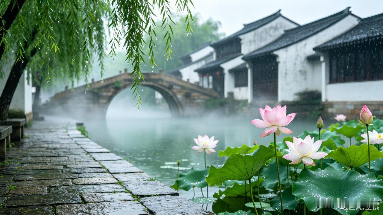 上联：清风柔雨荷花俏
下联：碧水轻烟柳叶娇