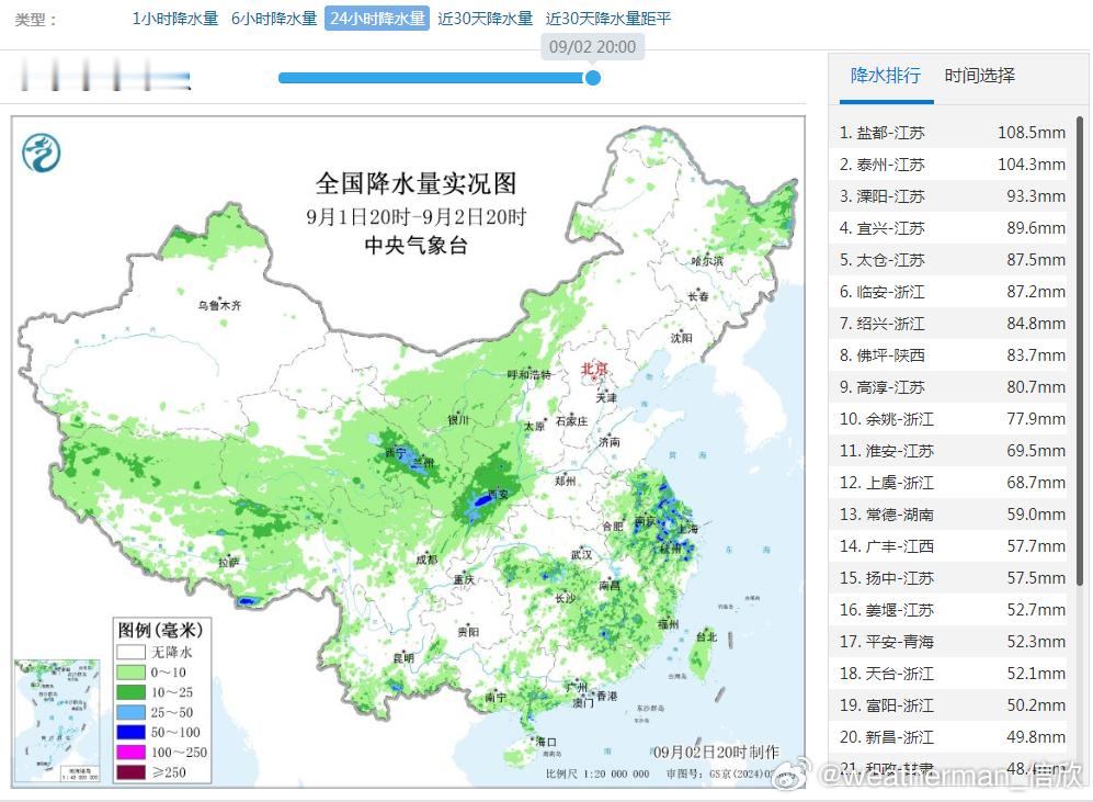【强降雨】昨晚到今天，江苏浙江的站点在降水榜位居前列，而且是积云对流降雨为主，时