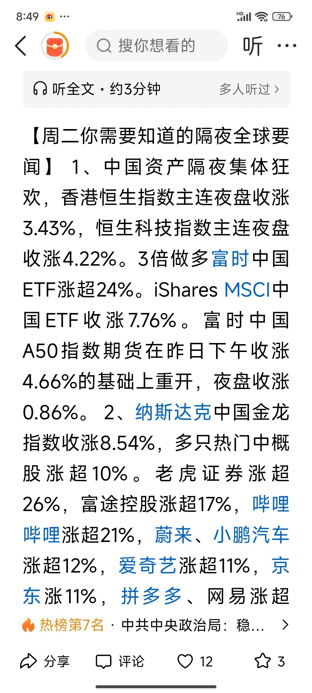 看看昨夜今晨中国相关指数涨幅。
3倍做多富时中国ETF涨24%
纳斯达克中国金龙