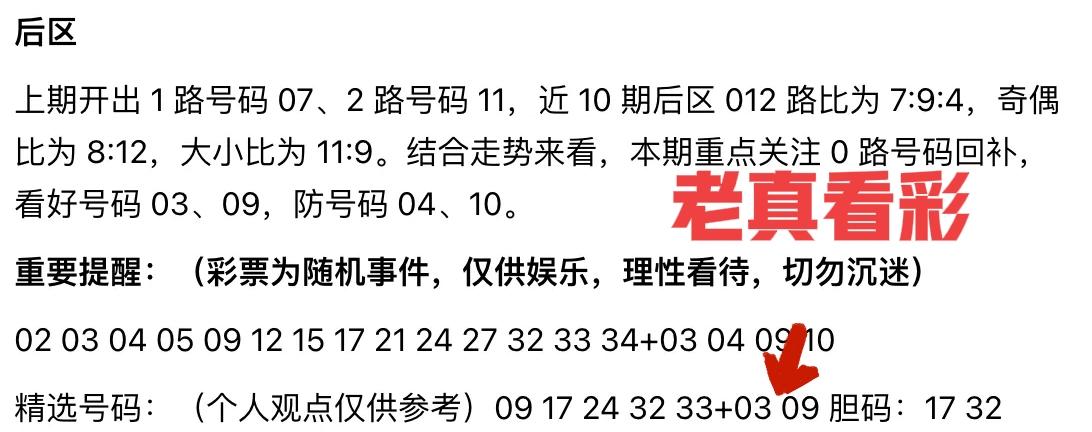 老贾后区也看好03，这一期后区03确实火！但老贾都看好的号码，那大家就不能要了，