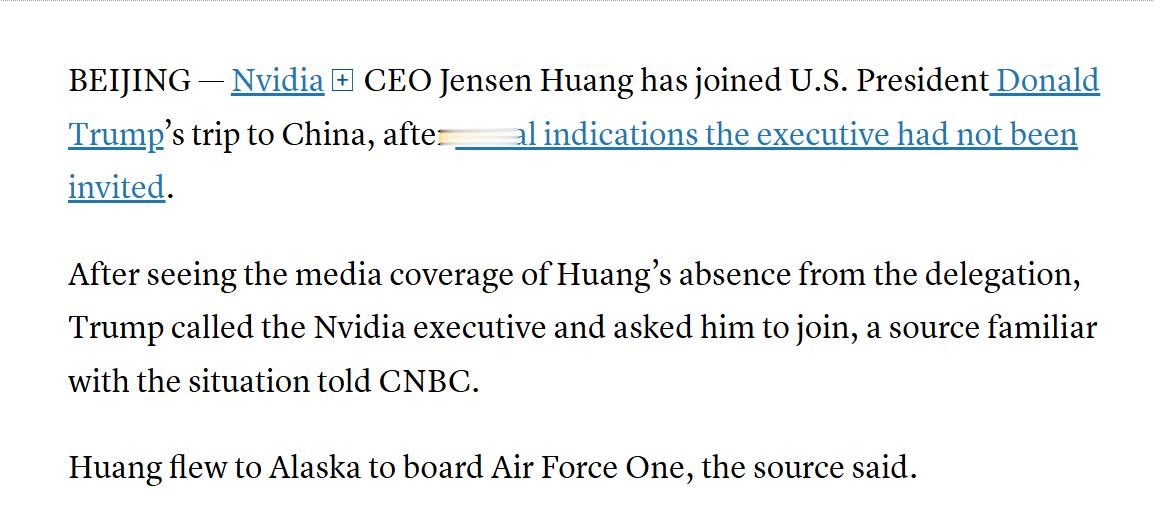 黄仁勋搭空军一号随特朗普访华据 CNBC 报道，特朗普是因为看到媒体报道，才知道