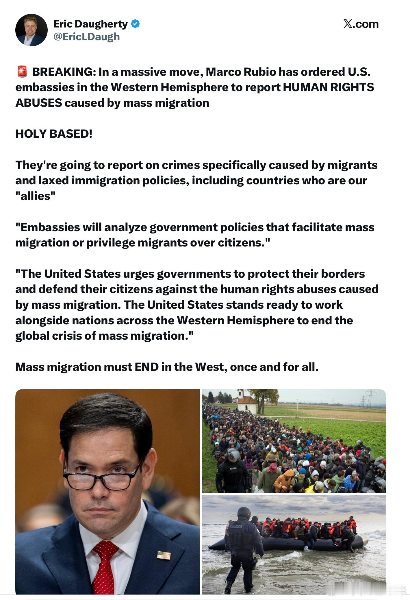 國務卿魯比奧採取了一項重大舉措，下令美國駐西半球各國大使館報告由大規模移民所造成