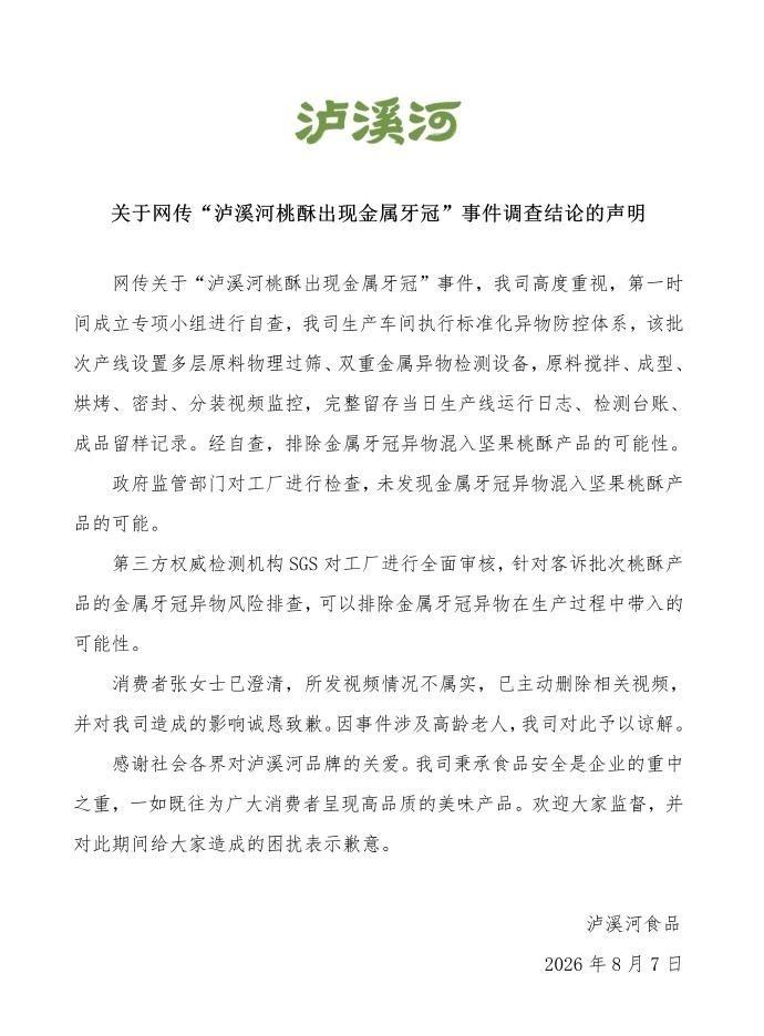 反转！泸溪河“桃酥吃出牙冠”事件尘埃落定
今天泸溪河发声明了。经自查+市监局检查