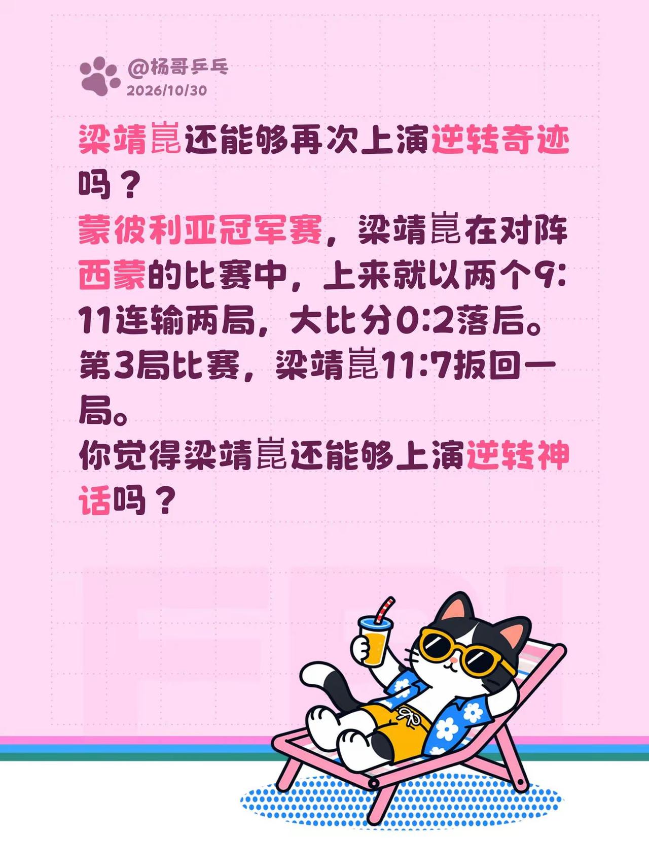 梁靖崑还能够再次上演逆转奇迹吗？蒙彼利亚冠军赛，梁靖崑在对阵西蒙的比赛中，上来就