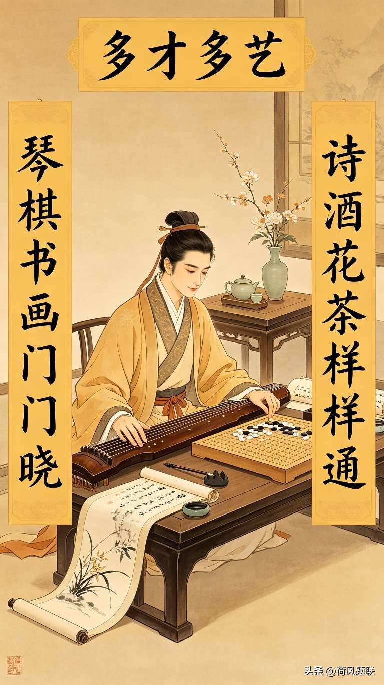 自古文人雅趣藏于四艺，这副对联道尽多才之人的风采！
​
对联+横批
上联：琴棋书
