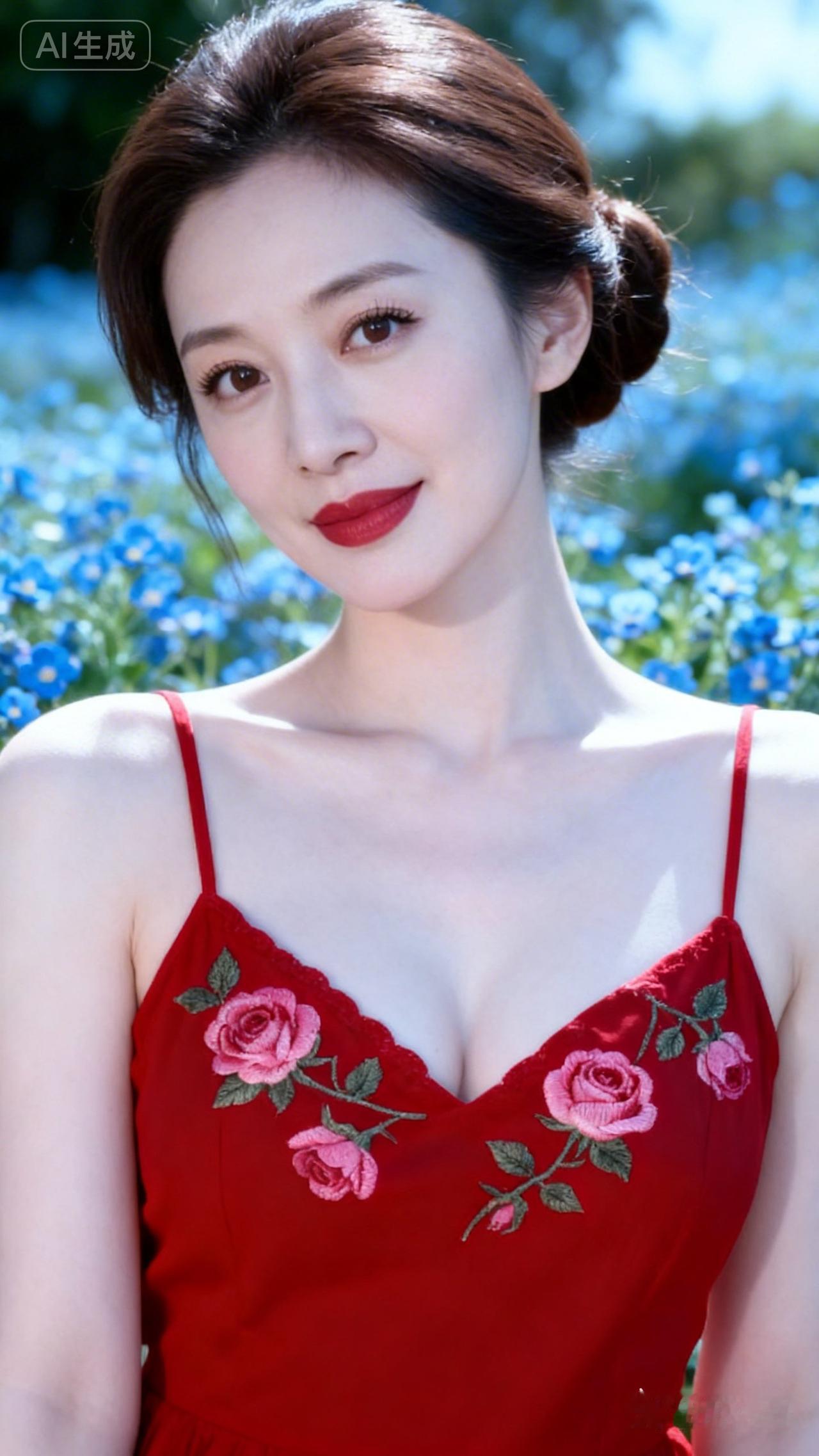 红衣美人倚花丛，笑语盈盈意自浓。