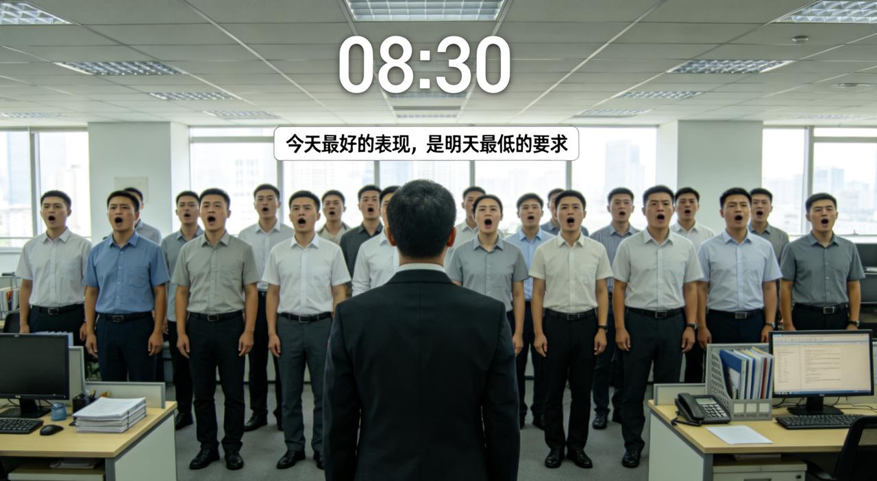 新来的部门经理喜欢搞晨会，每天早上八点半，全员站成一排，喊口号。
口号是：“今天