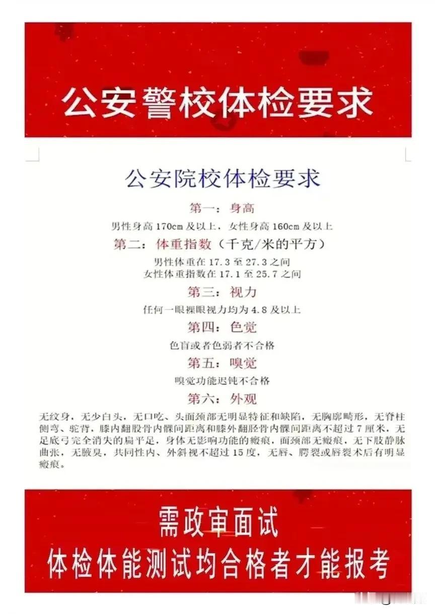 公安警校体检要求，2024高考生一定要清楚。