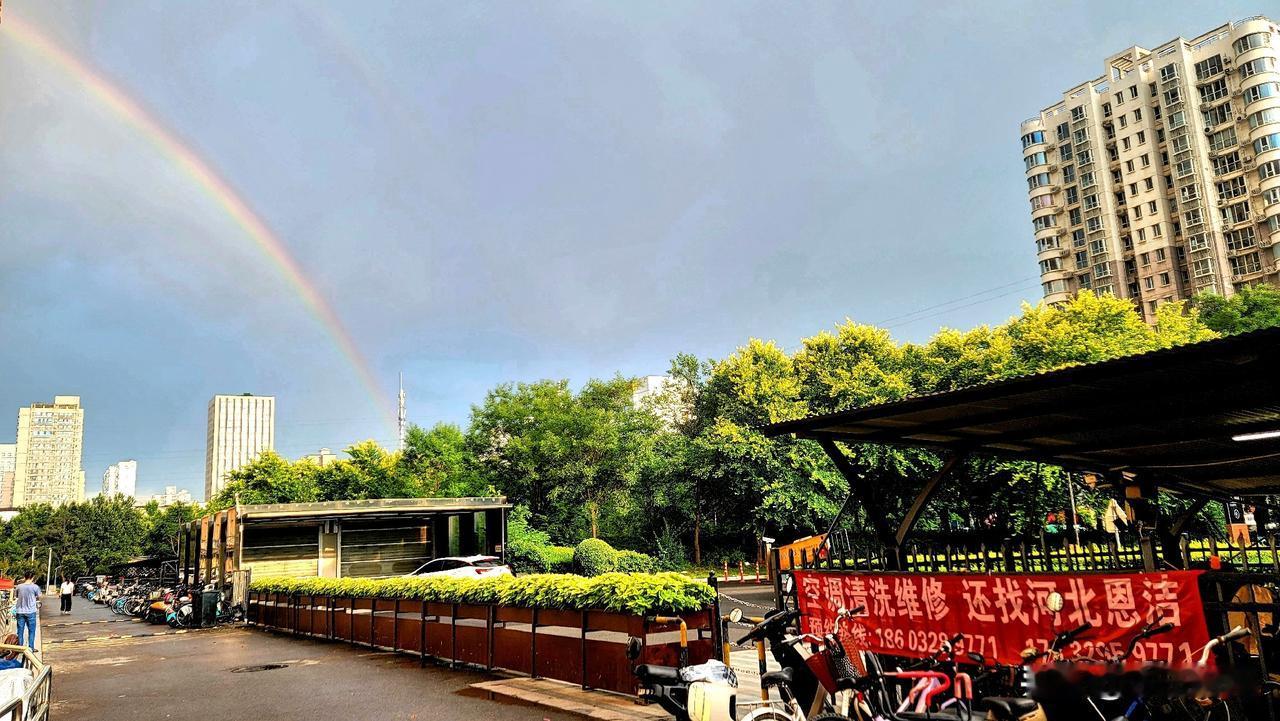 城市中的彩虹🌈，与高楼和绿树相映成趣，美好一天的开始！🌞💚