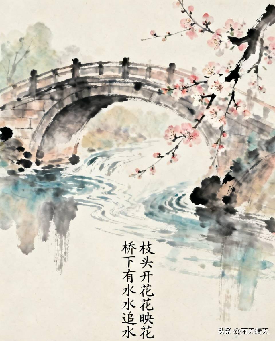 上联：桥下有水水追水

下联：枝头开花花映花