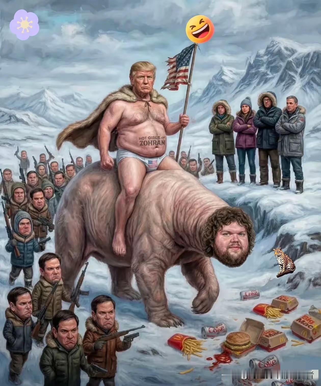 一张漫画，把外网给引爆了。
​画风很“帝国”，
特朗普骑着高头大马，身后旌旗蔽日