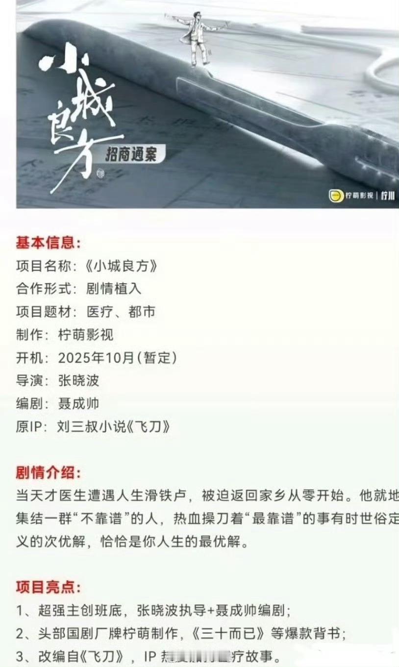肖战《小城良方》招商，暂定10月开机 ​​​
