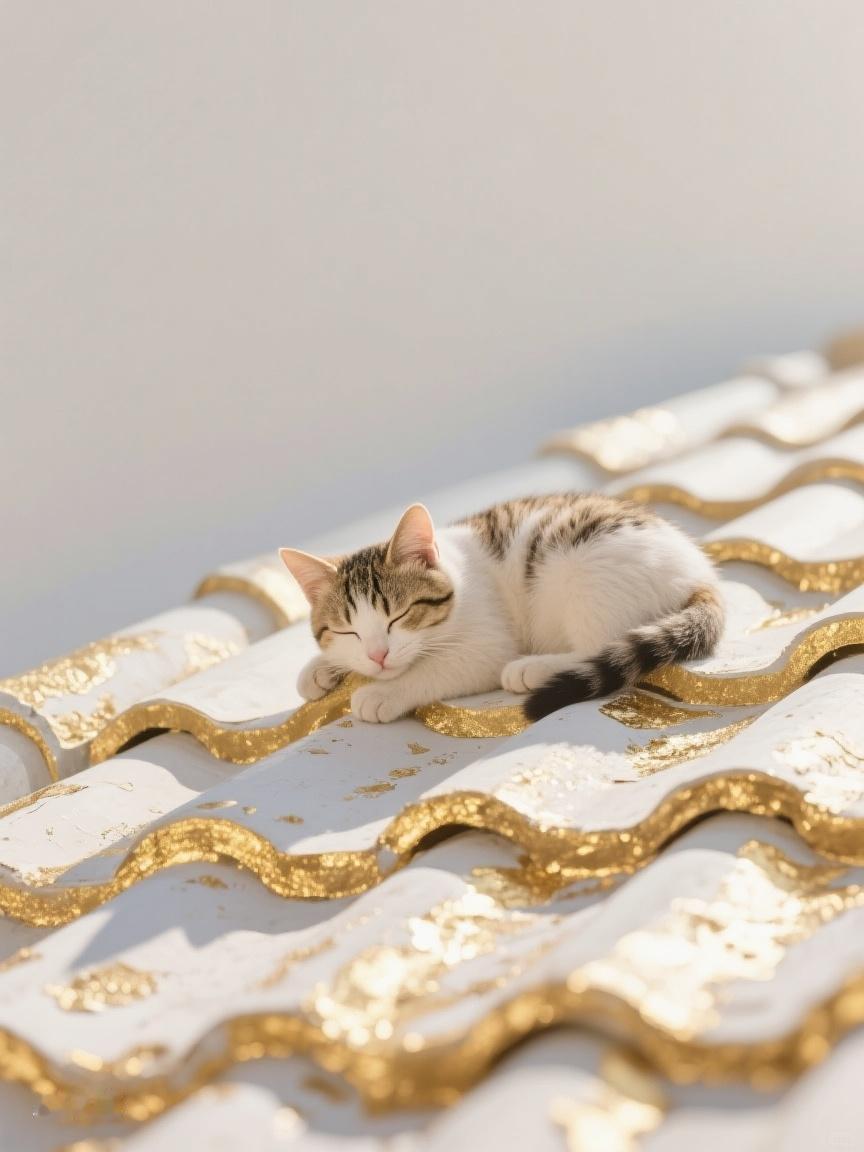 AI妙生图那慵懒的猫咪卧于金瓦之上，似在尘世中寻得一方悠然，尘世喧嚣也难扰其宁静