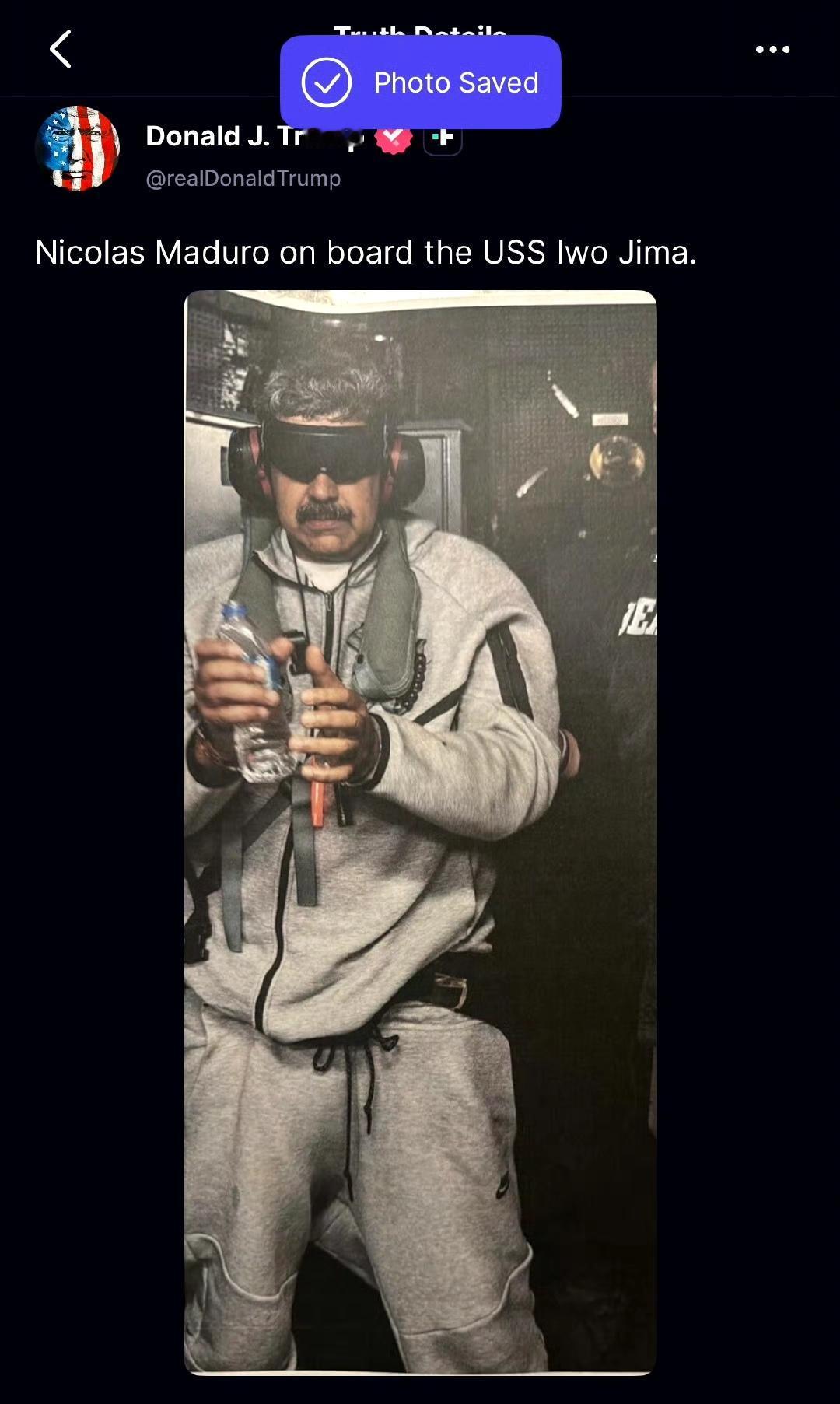 特朗普发布马杜罗被捕后首张照片

“尼古拉斯·马杜罗在美国海军硫磺岛号两栖攻击舰