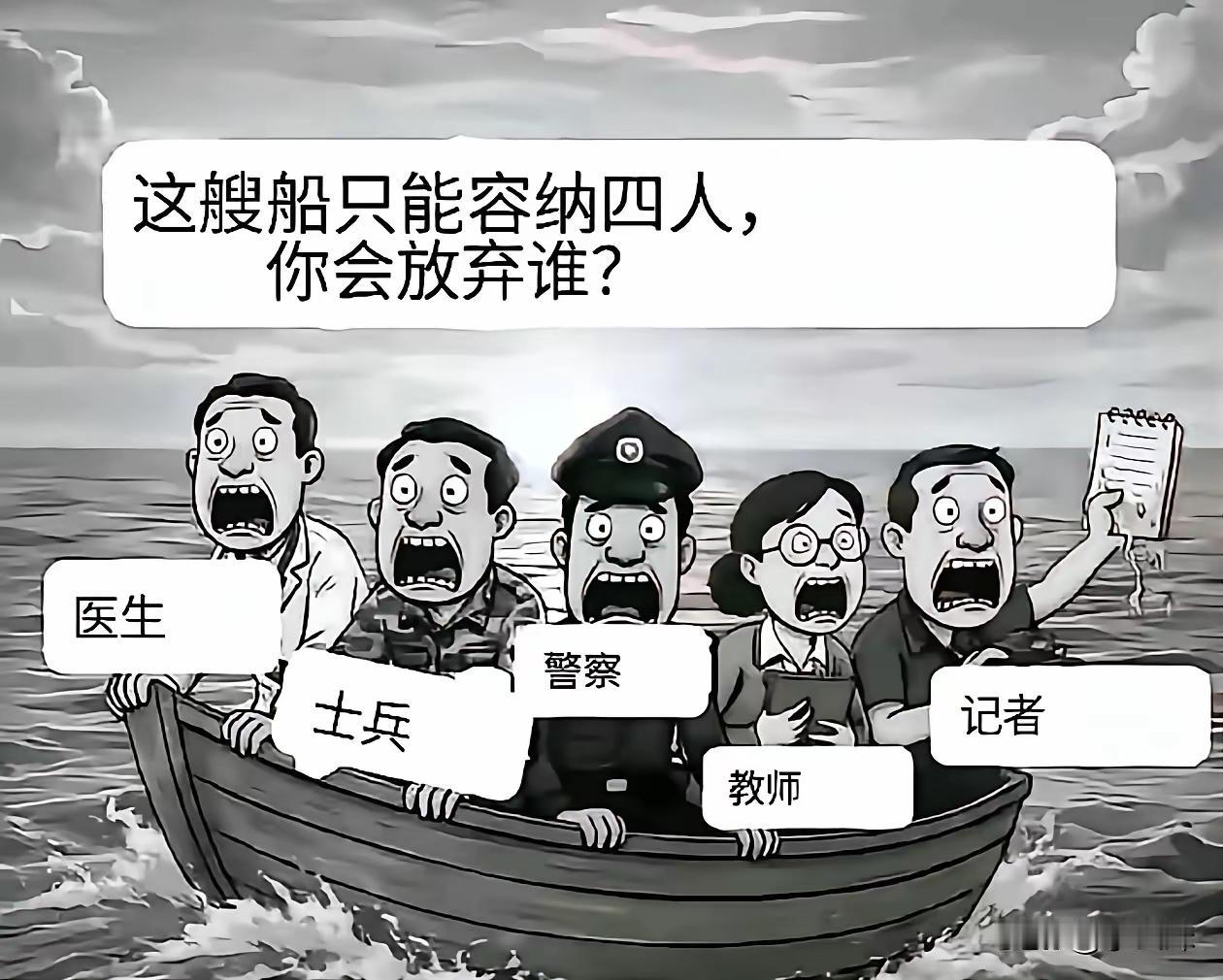 谁猛谁留下，大概率医生、记者和老师去掉一个。
其实，警察和士兵留一个最合理，但做