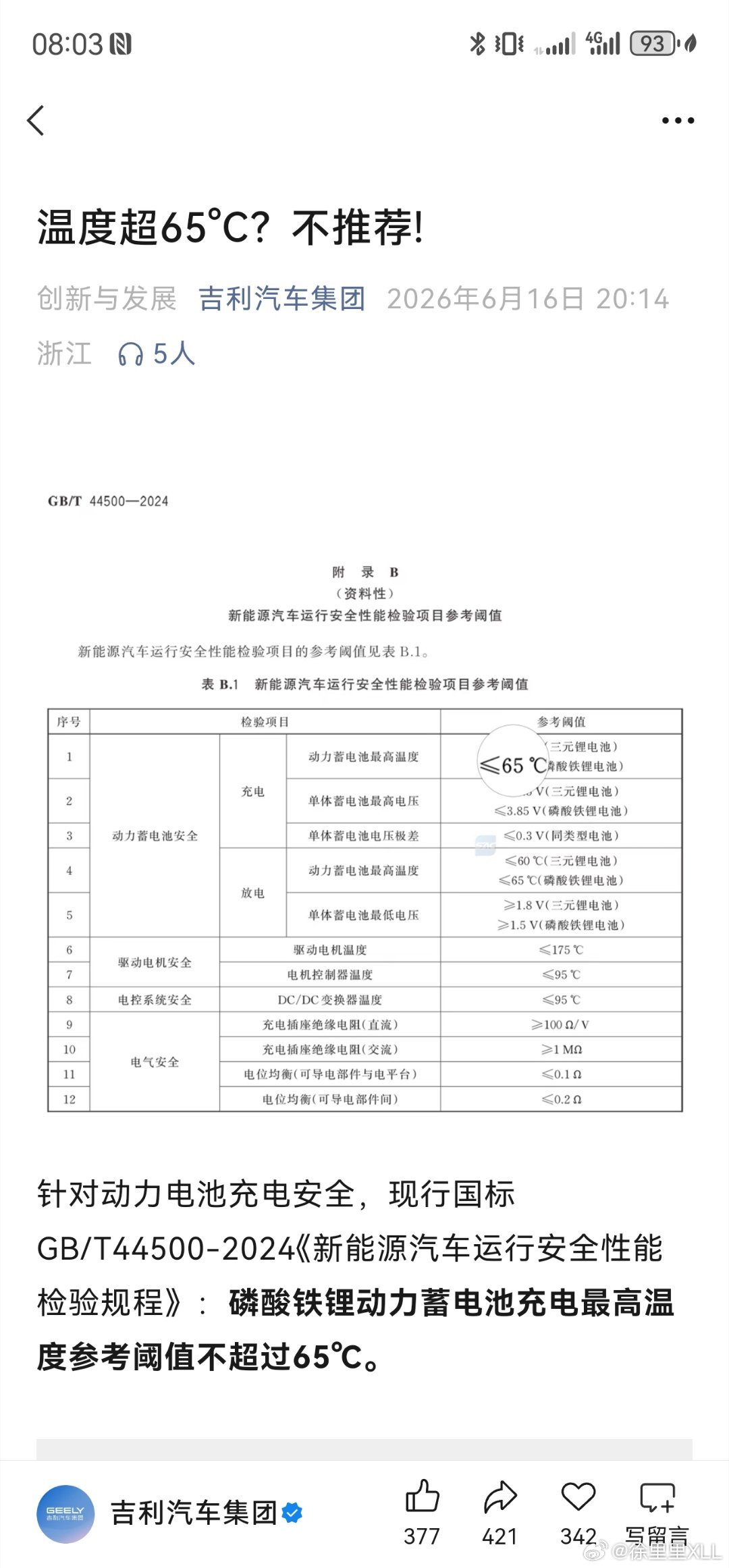吉利说，温度能超过65度的电池不推荐。有没有依据？还真有。国标GB／T 4450