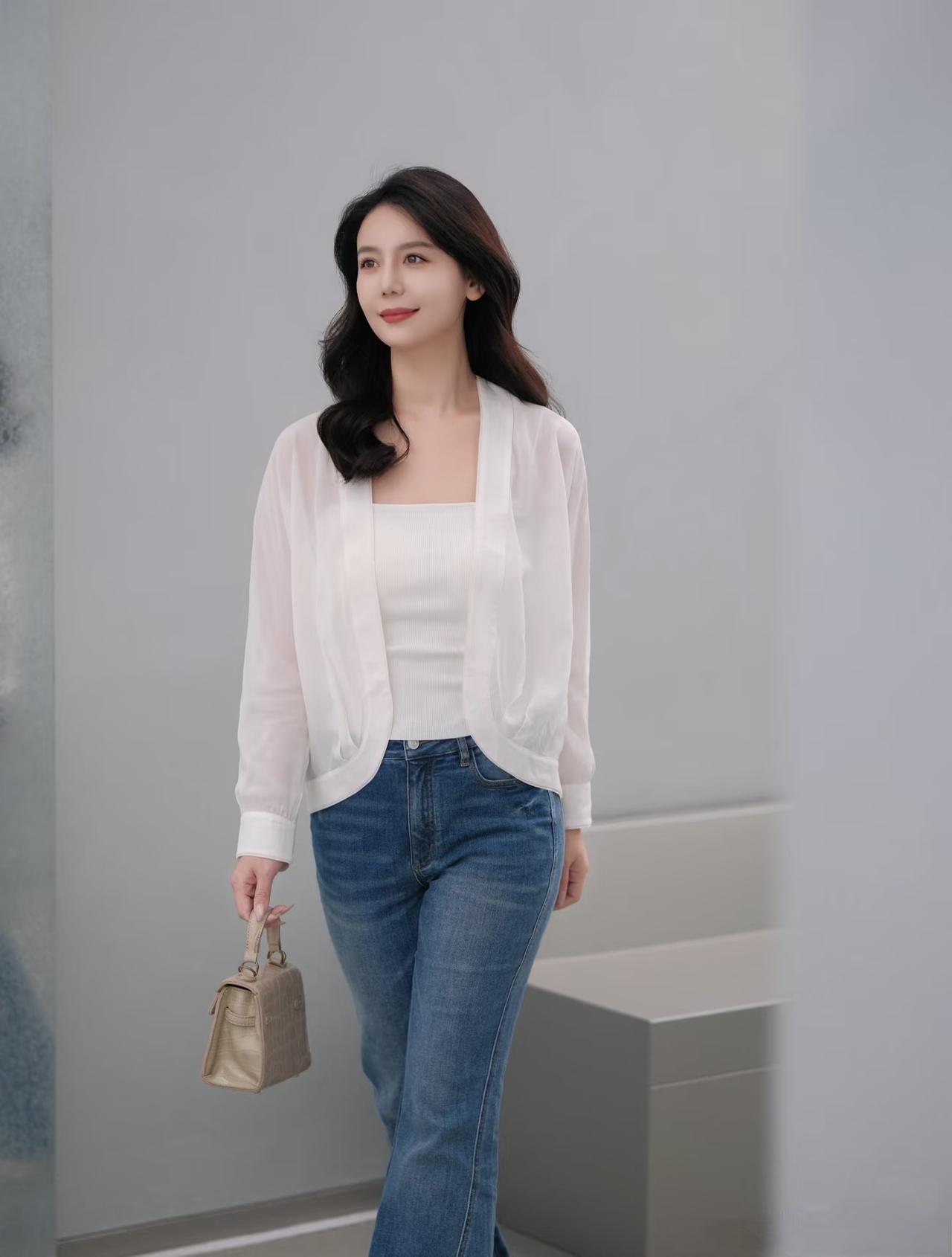 女生如何穿搭看起来时尚更有品味呢普通的一条阔腿牛仔裤和白色纱织开衫，就可以显示出