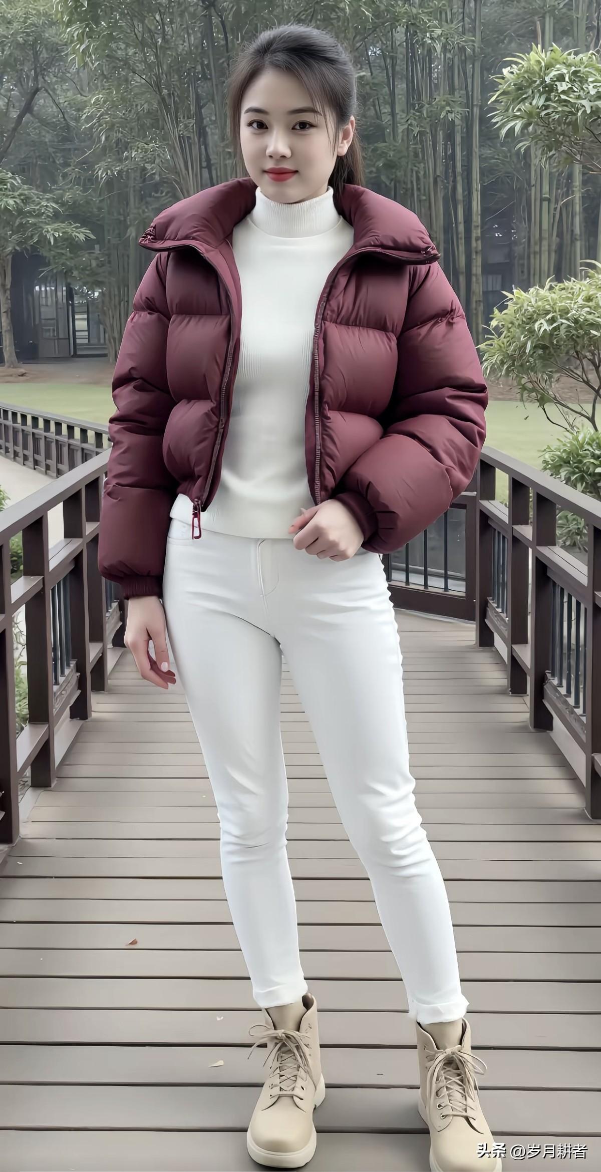 白色高领毛衣+酒红色羽绒服，温暖又时尚！