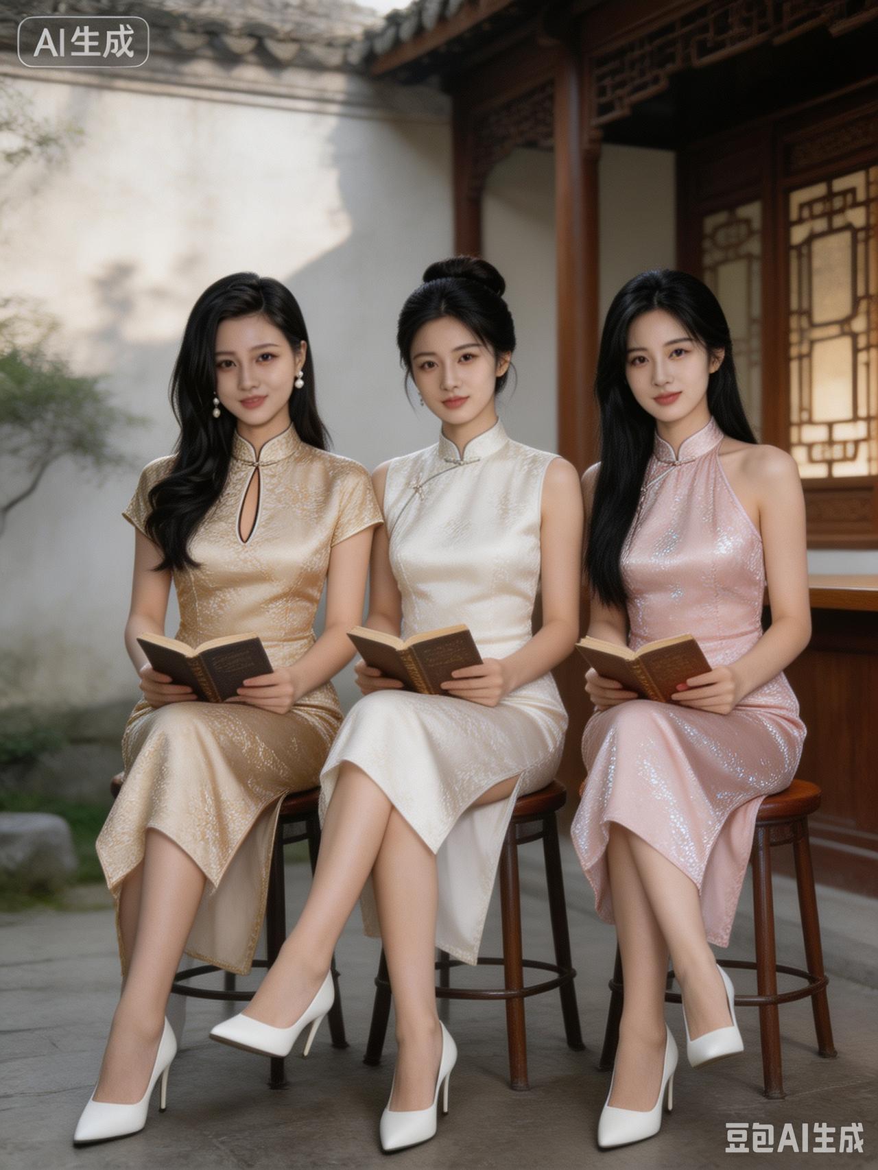 三位美女穿着旗袍坐在院子里看书。