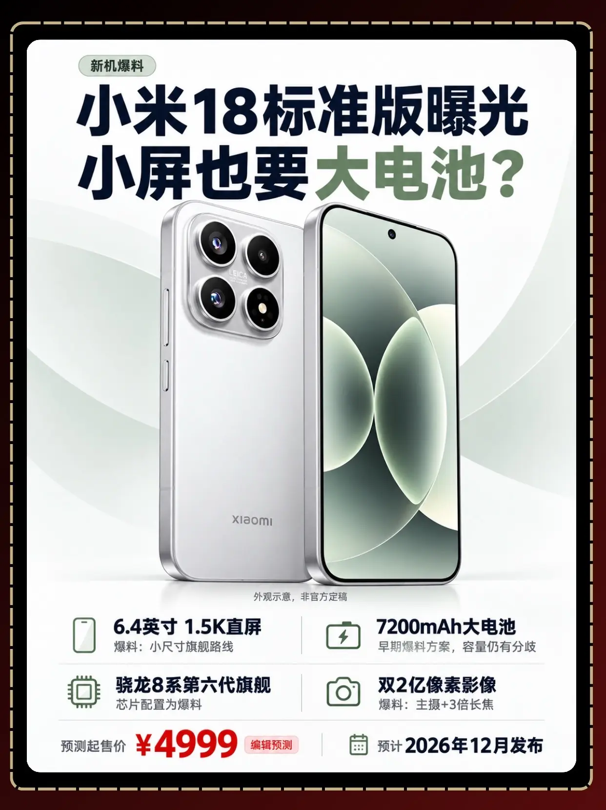 小米18标准版曝光，小屏也要大电池。小米18标准版预计12月登场，目前...