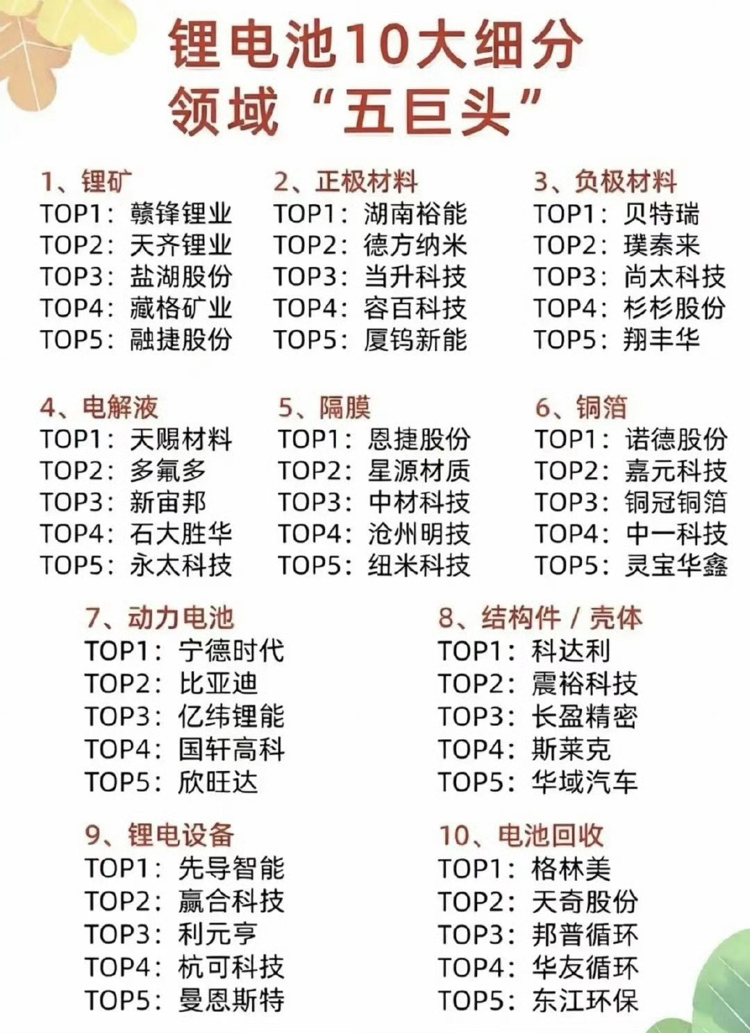 锂电池10大细分领域“五巨头”盘点1、锂矿- TOP1：赣锋锂业- TOP2：天