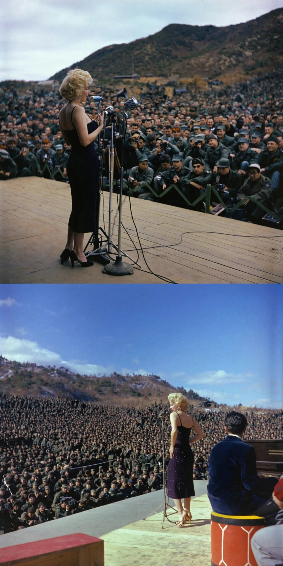 1954年，在朝鲜战场劳军的梦露，后来因为穿的太少，她得了一周感冒 ​
