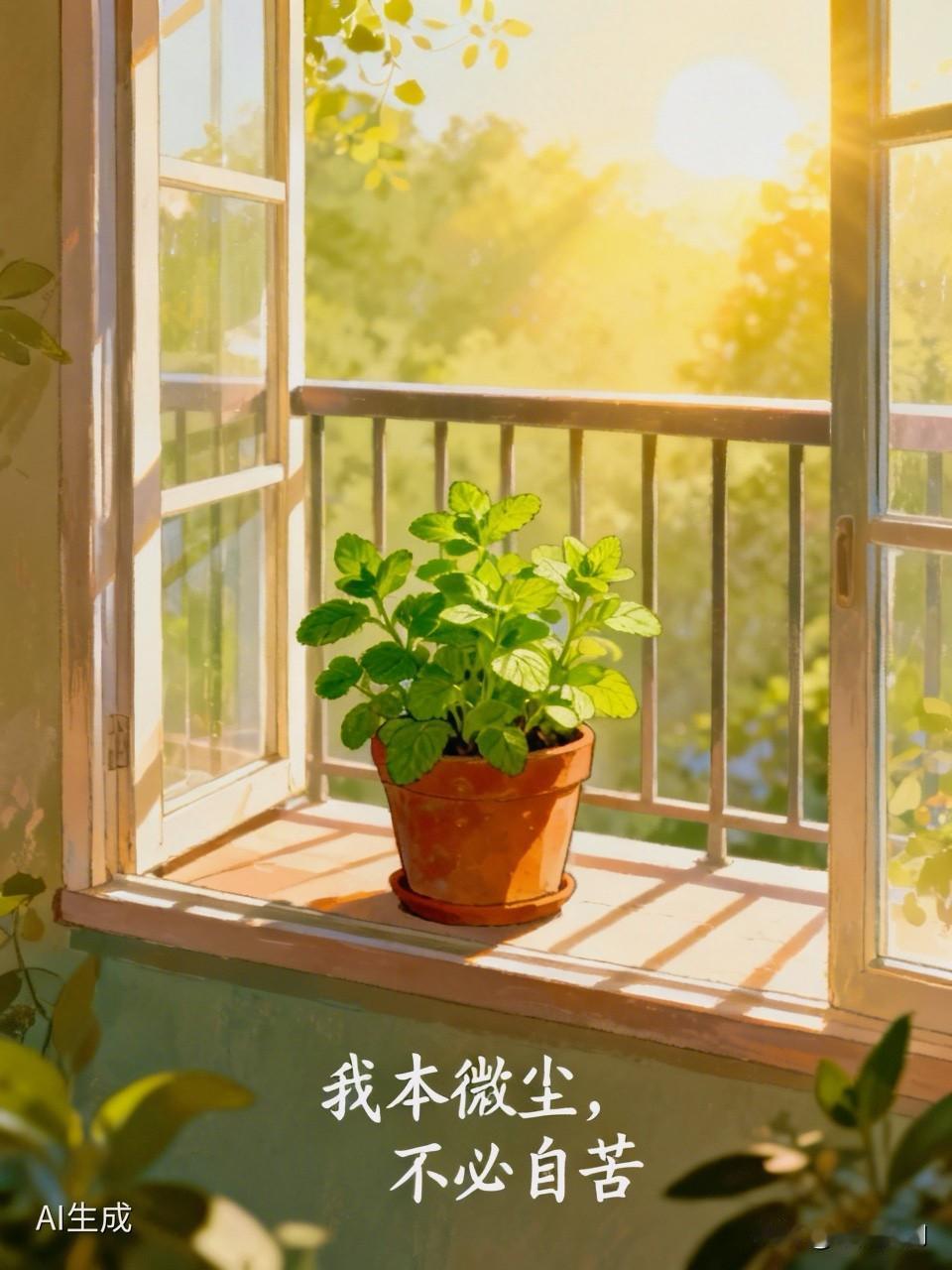 晨光微熹｜我本微尘，不必自苦

阳台那盆薄荷，昨晚被风吹折了一枝。

今早看它，