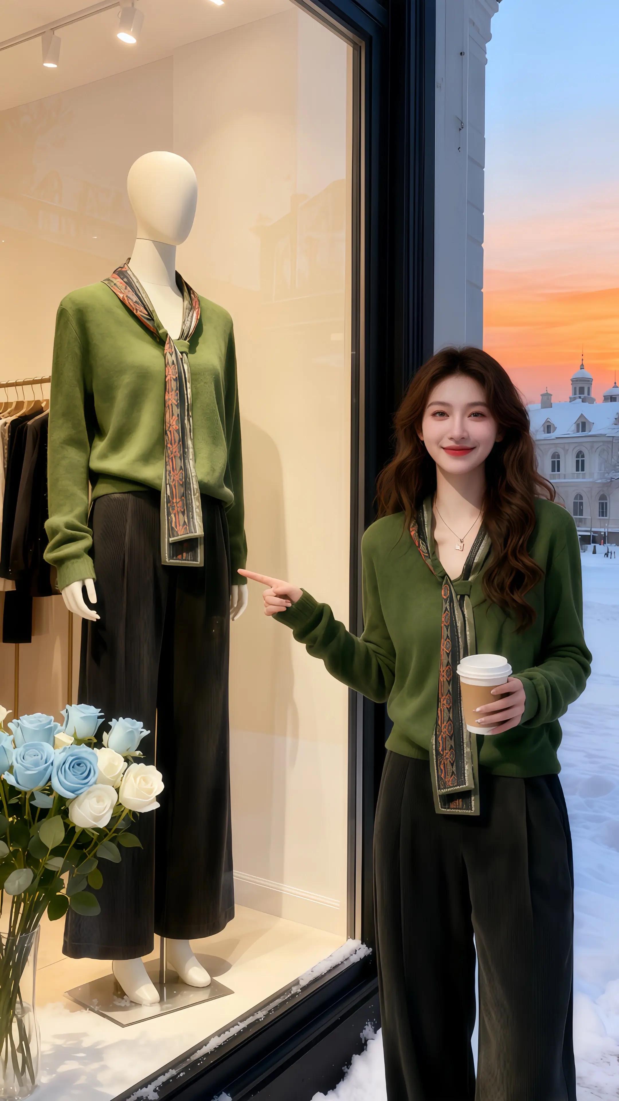 她穿着法式复古慵懒风毛衣，墨绿绒线裹着肩颈，飘带垂成软绵的弧度。指尖勾...