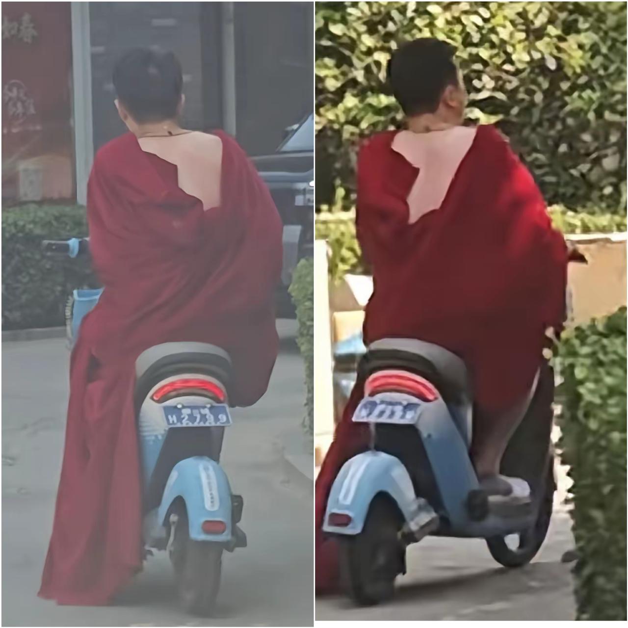 远远看去，马路上来了一位红衣僧

人，骑着电动车匆匆赶路，模样格外惹眼。凑近一看