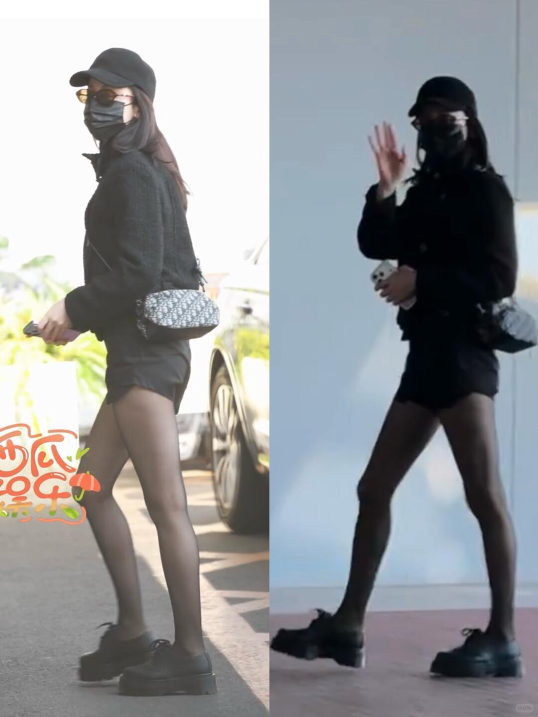 杨超越 迪丽热巴今日机场都穿了黑丝，一个All black西服配短裤，一个格纹西