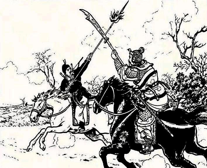 秦琼被魏文通追到河边，马陷泥里跑不动了，眼看要被砍，突然两支箭射中魏文通双臂，直