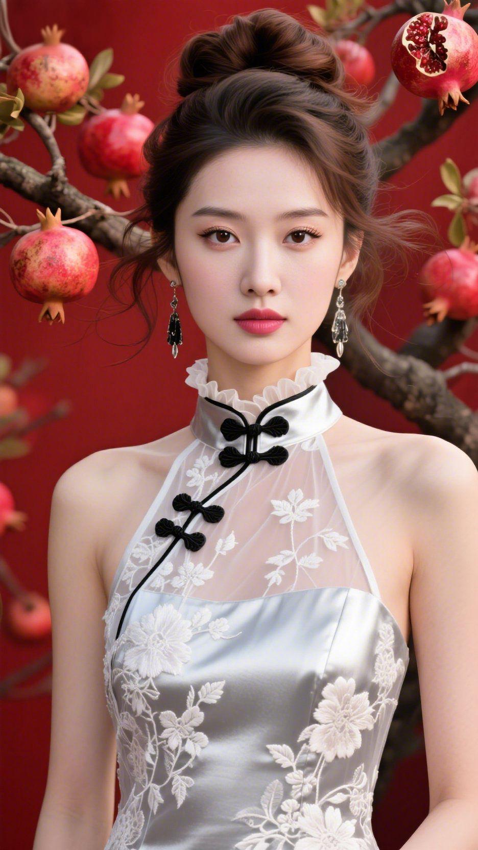 《红墙榴间的素银衫》
 
朱红背景里，枝桠间的石榴像凝住的红焰。她立在这浓烈里，