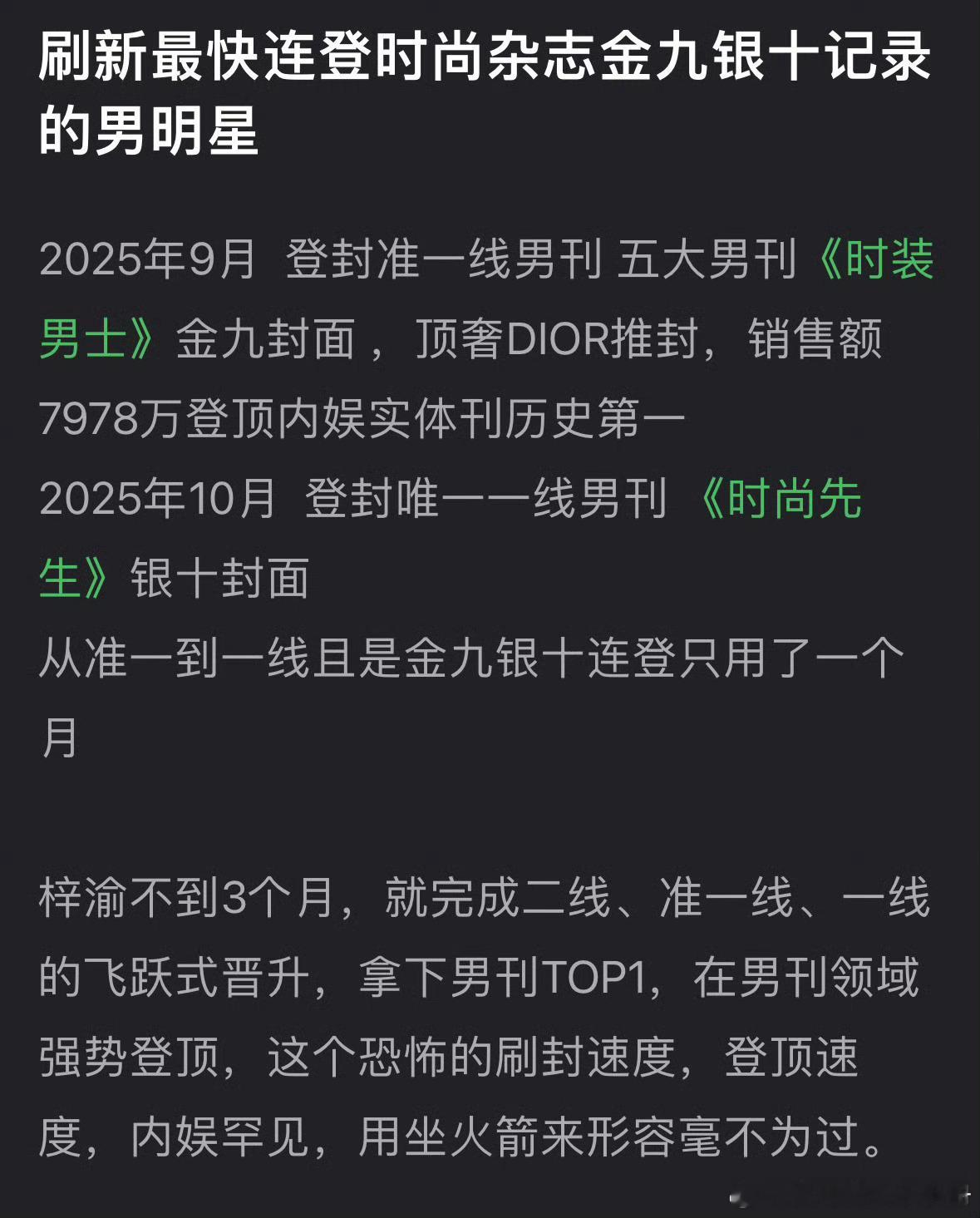 梓渝最快刷新新登杂志金九银十记录的男明星，销售额内娱第一，含金量如何？ ​​​