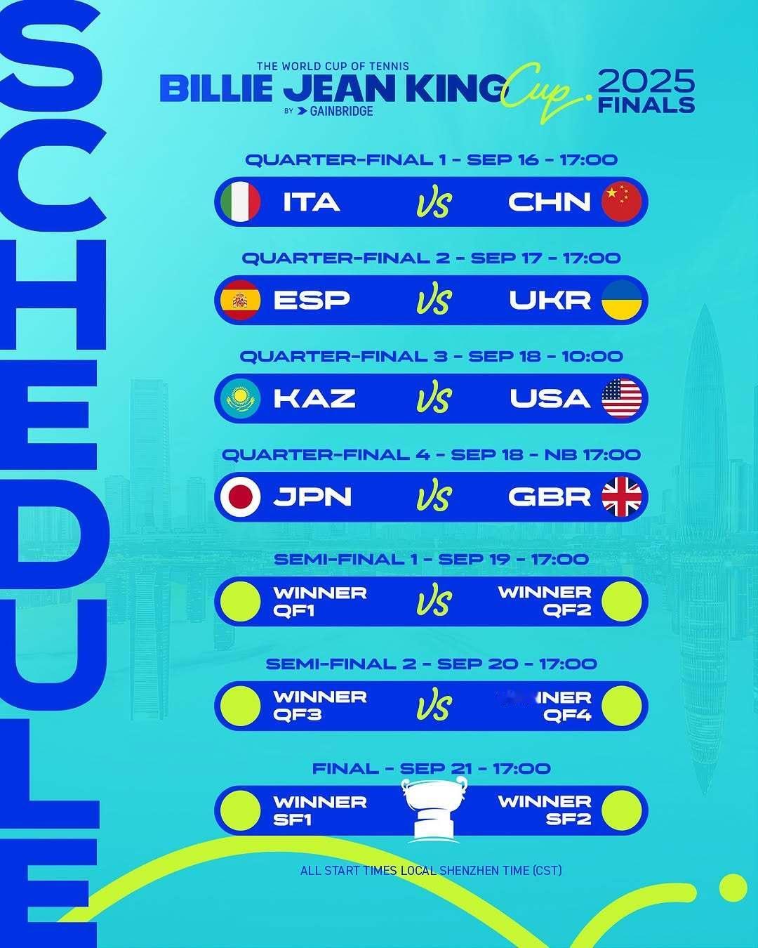 2025赛季比利·简·金杯总决赛赛程出炉[围观]🎾1/4决赛9月16日 - 1