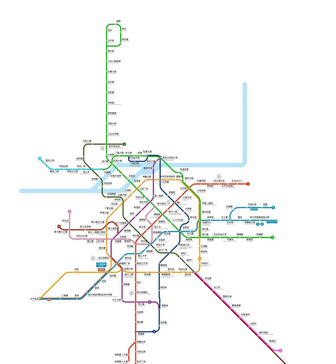 哈尔滨市地铁线路架空规划线路图
哈尔滨市地铁架空（虚构）规划，多条地铁已覆盖绝大