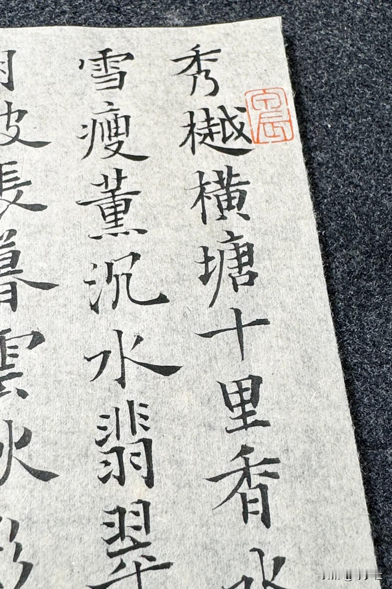 今夕社小楷，蔡松年《鹧鸪天·赏荷》静态版。
秀樾横塘十里香，水花晚色静年芳。胭脂