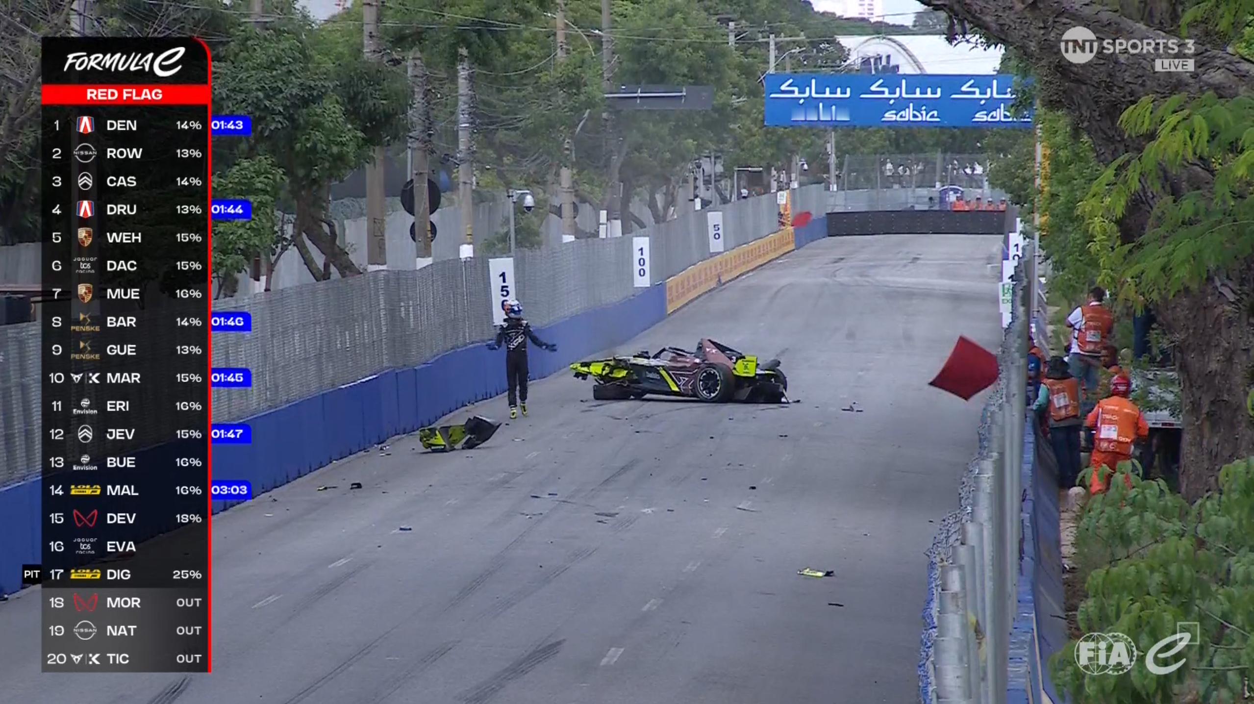 FE揭幕战，佩佩·马蒂在追尾两台赛车后，赛车直接发生了翻滚！！！！！！FE电动方