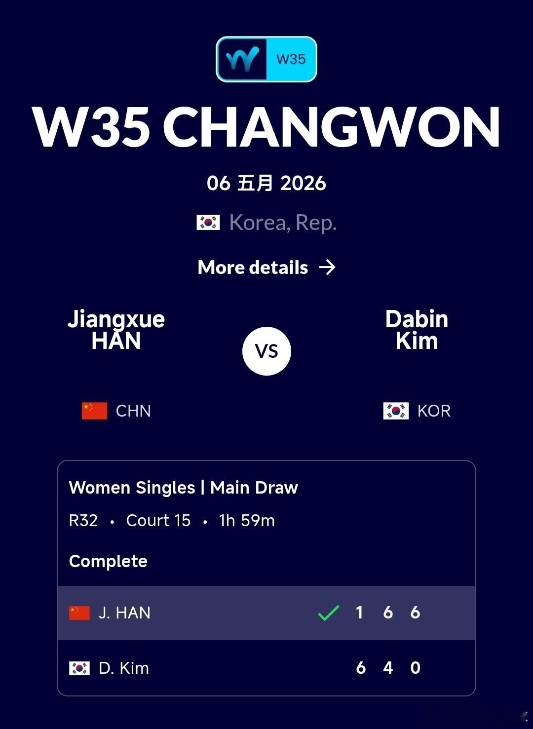 W35昌原站🇰🇷女单第1轮韩江雪🇨🇳1-6/6-4/6-0逆转战胜金多彬