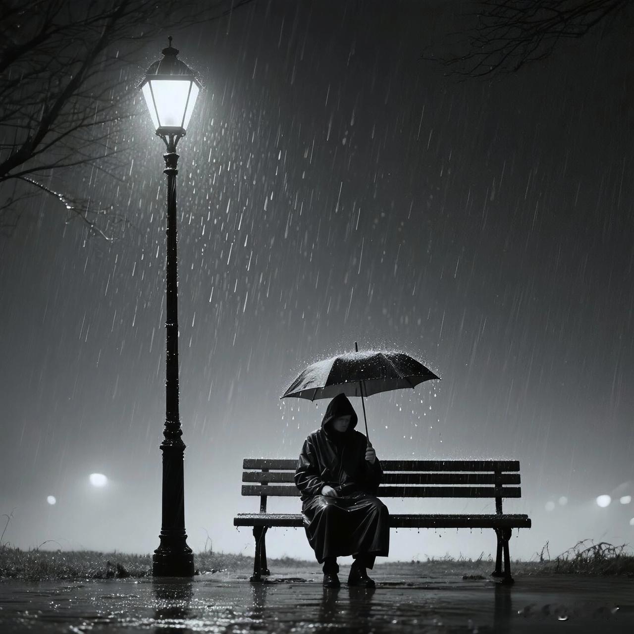路灯的光昏昏的，照不清前面的路，只照得清长椅上落满的雨。
我撑着伞，不是为了挡雨